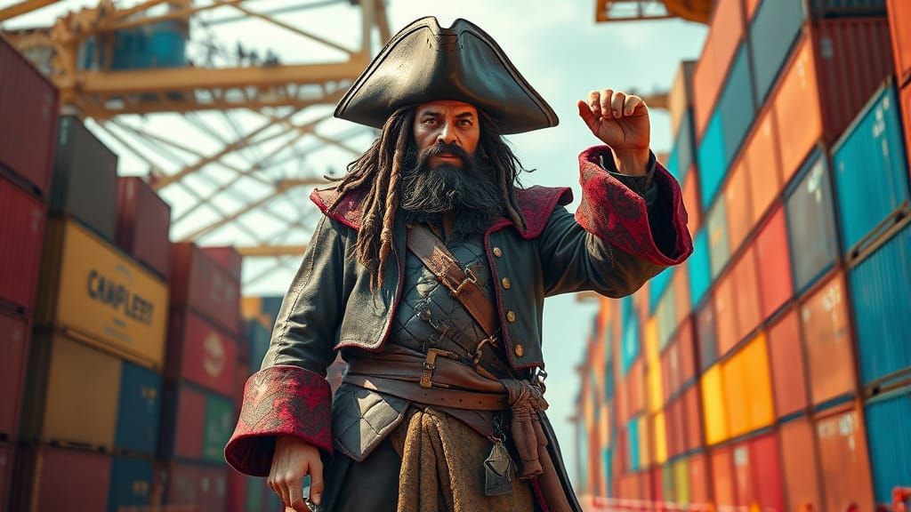 Heroic Pirate on Container Ship in Vibrant Analog Style