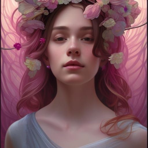 Woman with Pink Flowers: Hyperdetailed Portrait