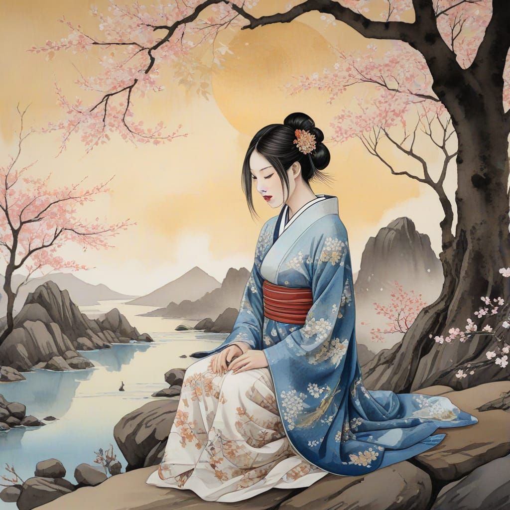 Ethereal Geisha in Traditional Gazebo, Intricate Fresco Styl...