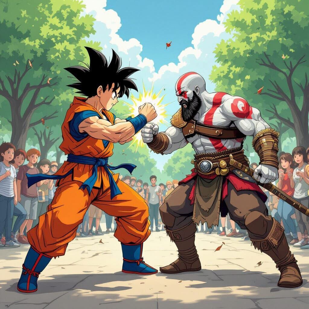 Goku vs Kratos Epic Fight in a Crowded Park