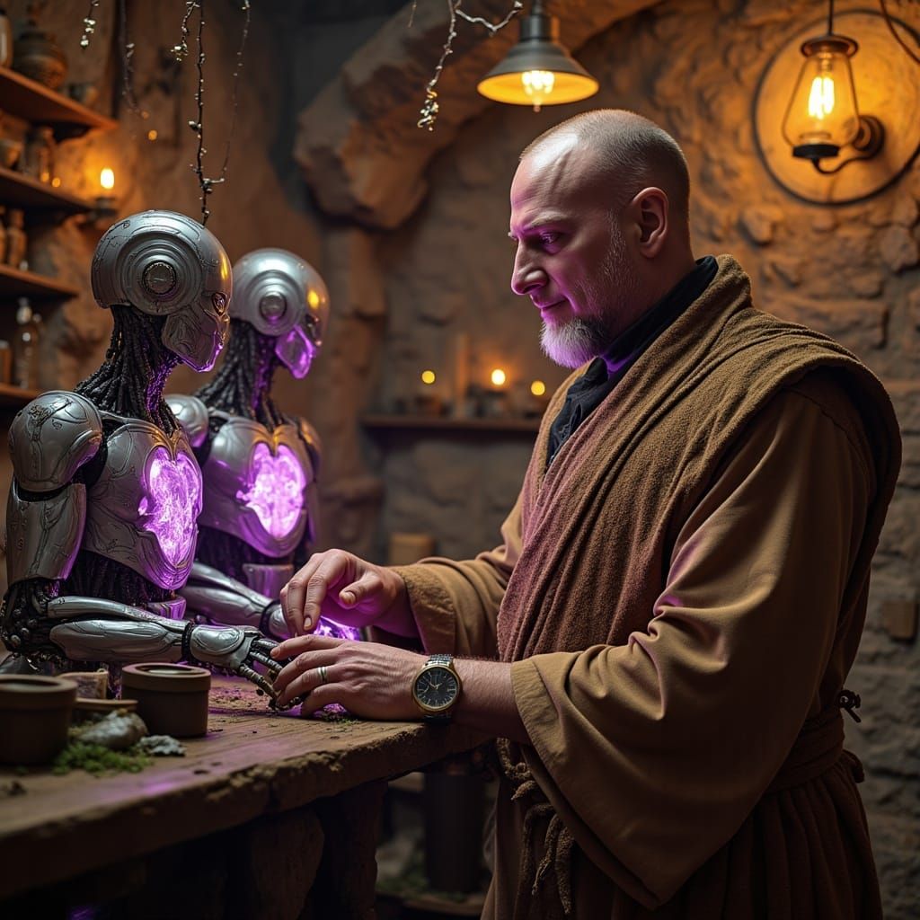 Shaded Mystic Works with Humanoid Robots in an Ancient Labor...