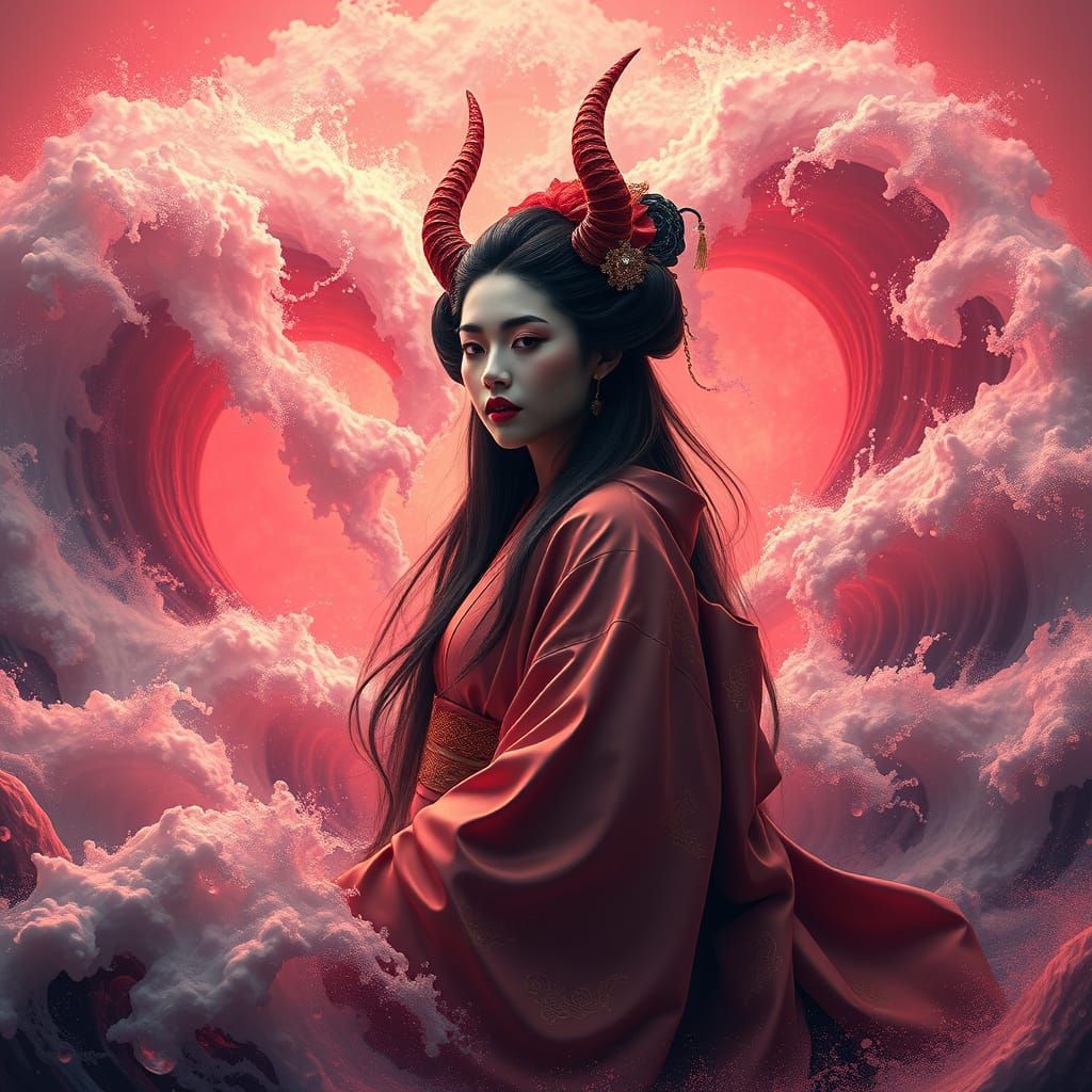 Geisha with Flaming Horns Rising from Stormy Sea