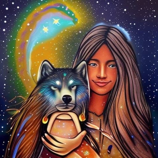 Native American Girl and Wolf Under Starry Night