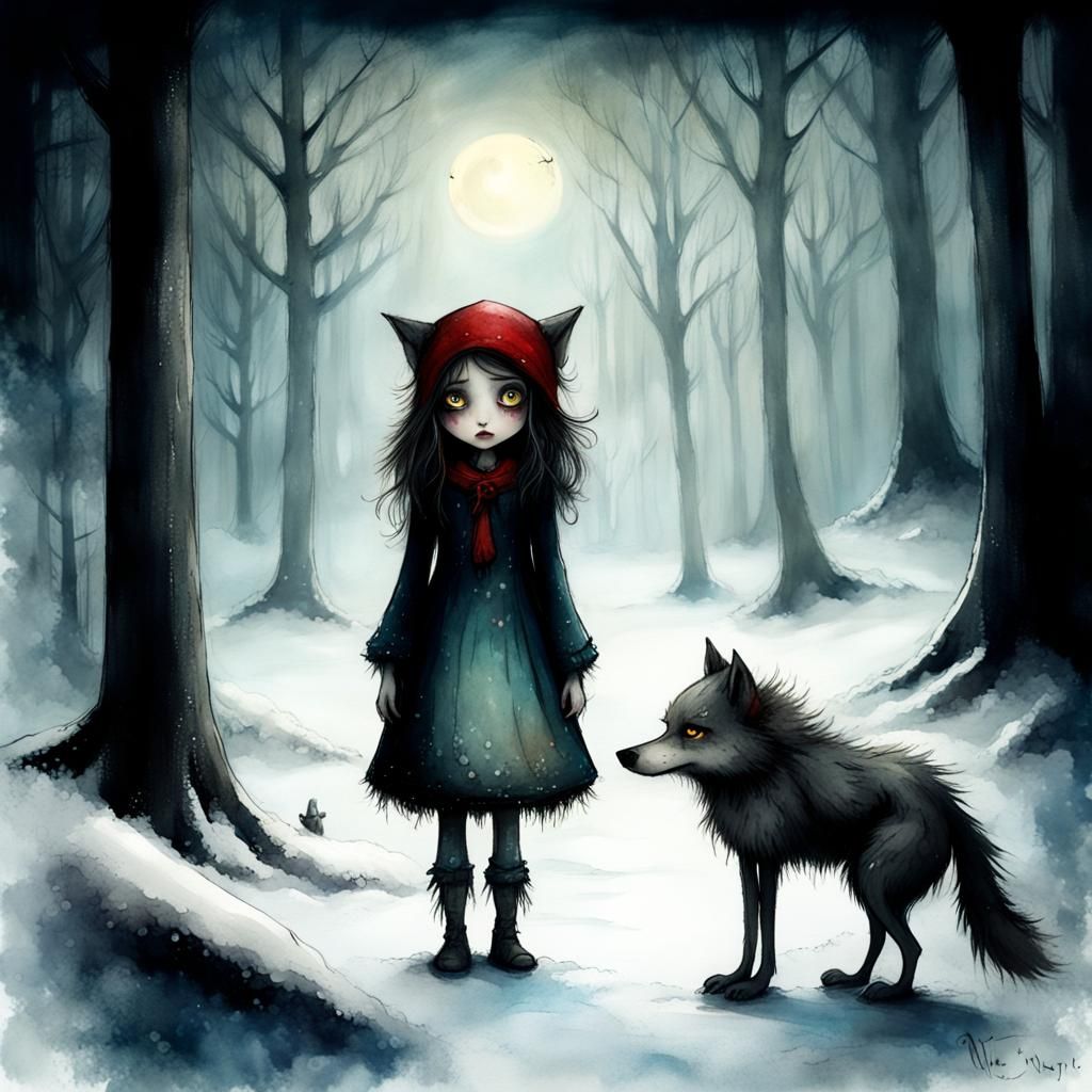 Sad Werewolf Girl in Snowy Forest, Watercolor Art