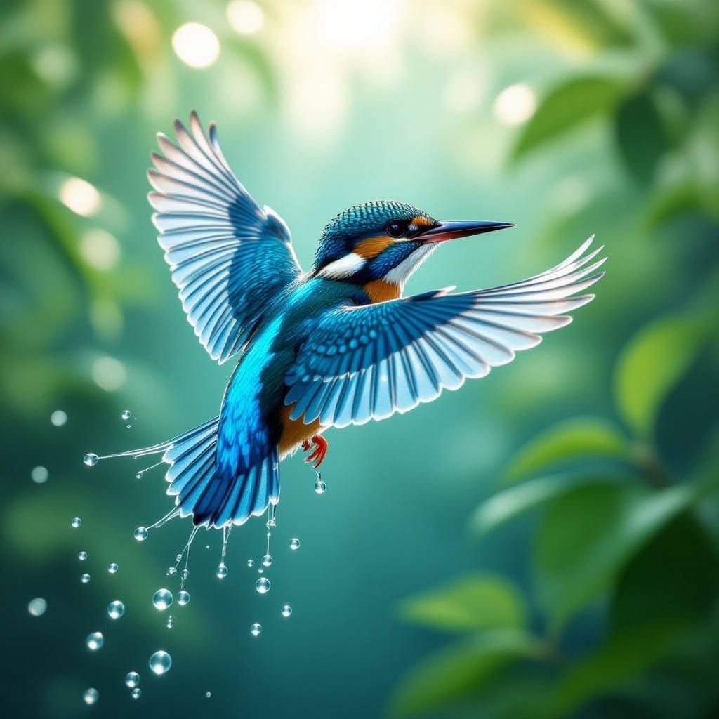 Kingfisher Sculpted From Flowing Water in Mid-Flight