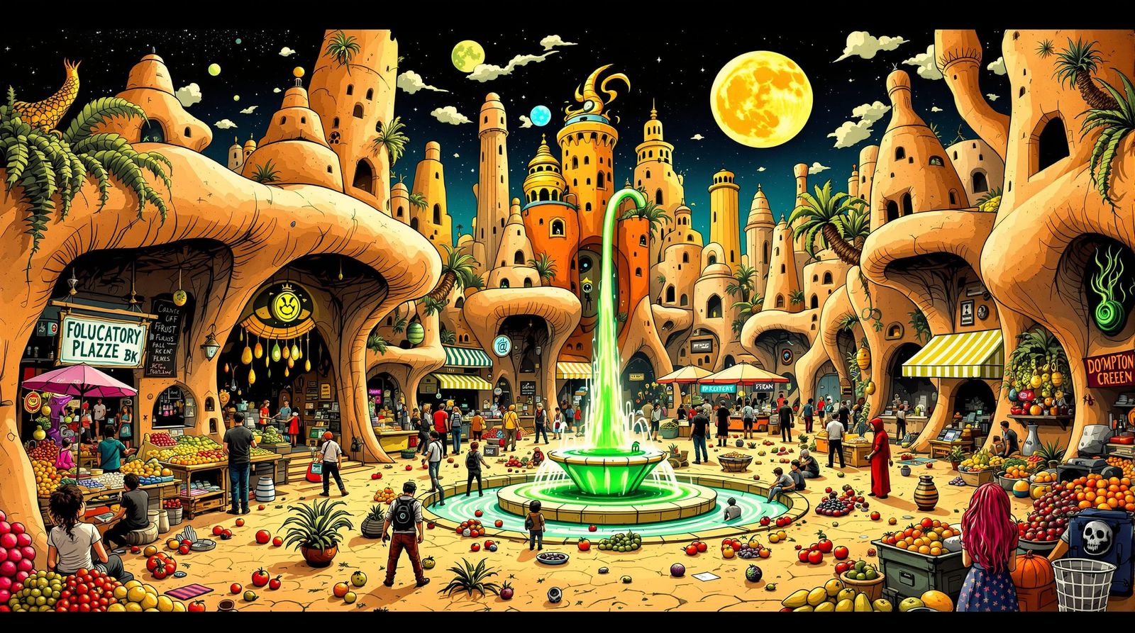 Futuristic Desert Marketplace with Neon Fountain