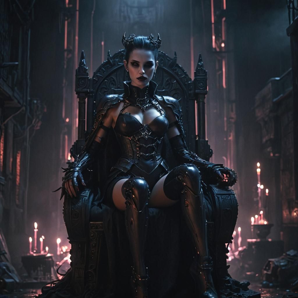 Cyberpunk Vampire Queen on Throne in Misty Alleyway