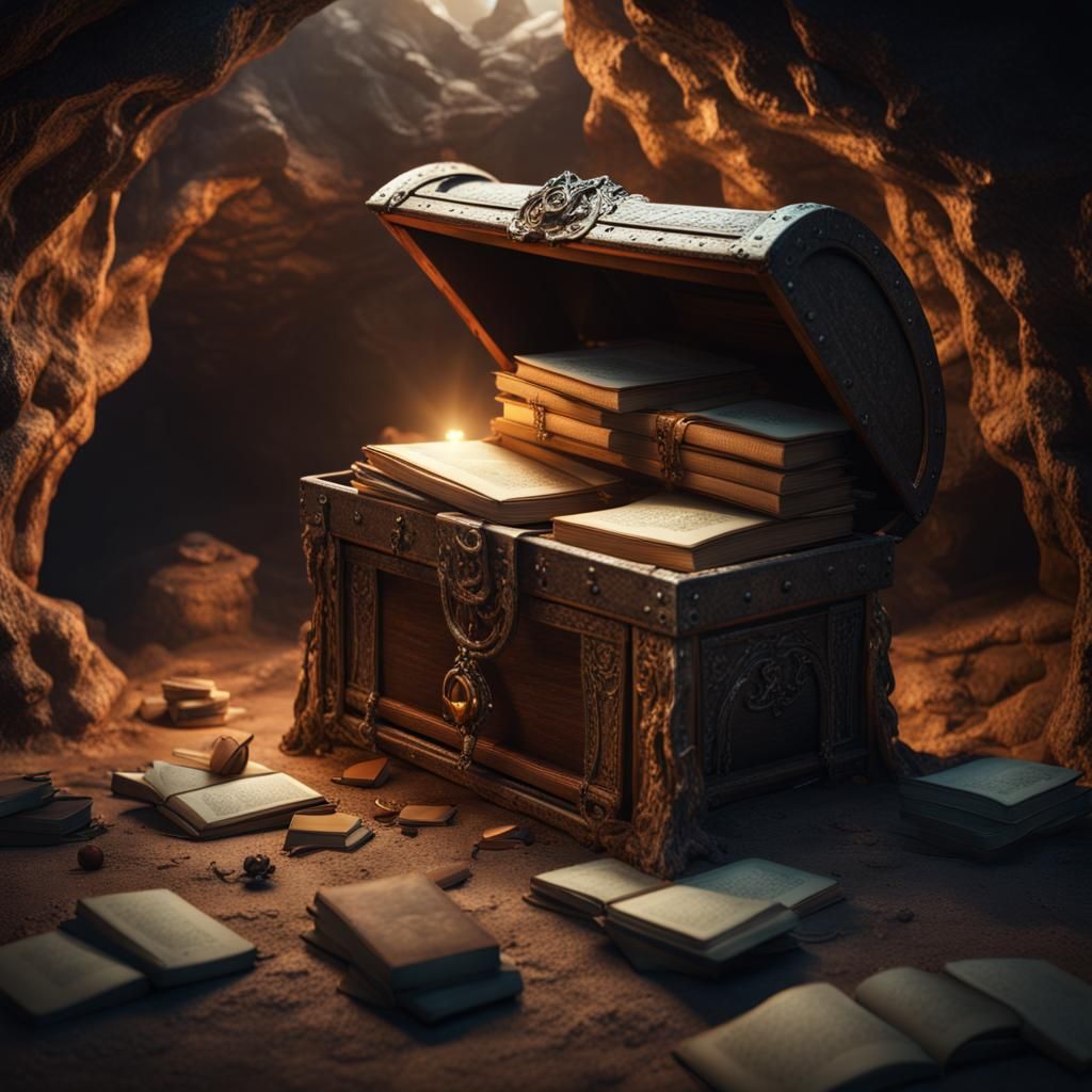 Fantastical Treasure Chest of Books in Cave