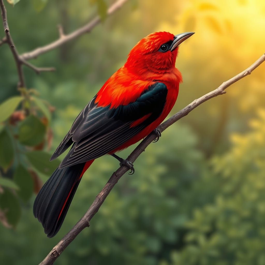 Vibrant Scarlet Tanager in Deciduous Forest Canopy