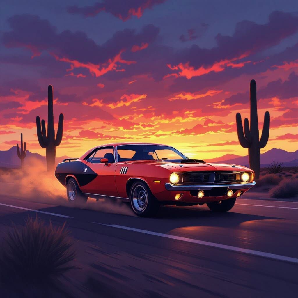 1971 Hemi Cuda Races Desert Highway at Sunset