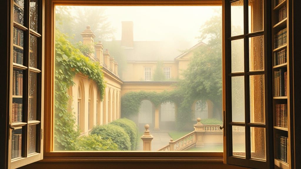 English Library Interior in Soft Watercolor Style