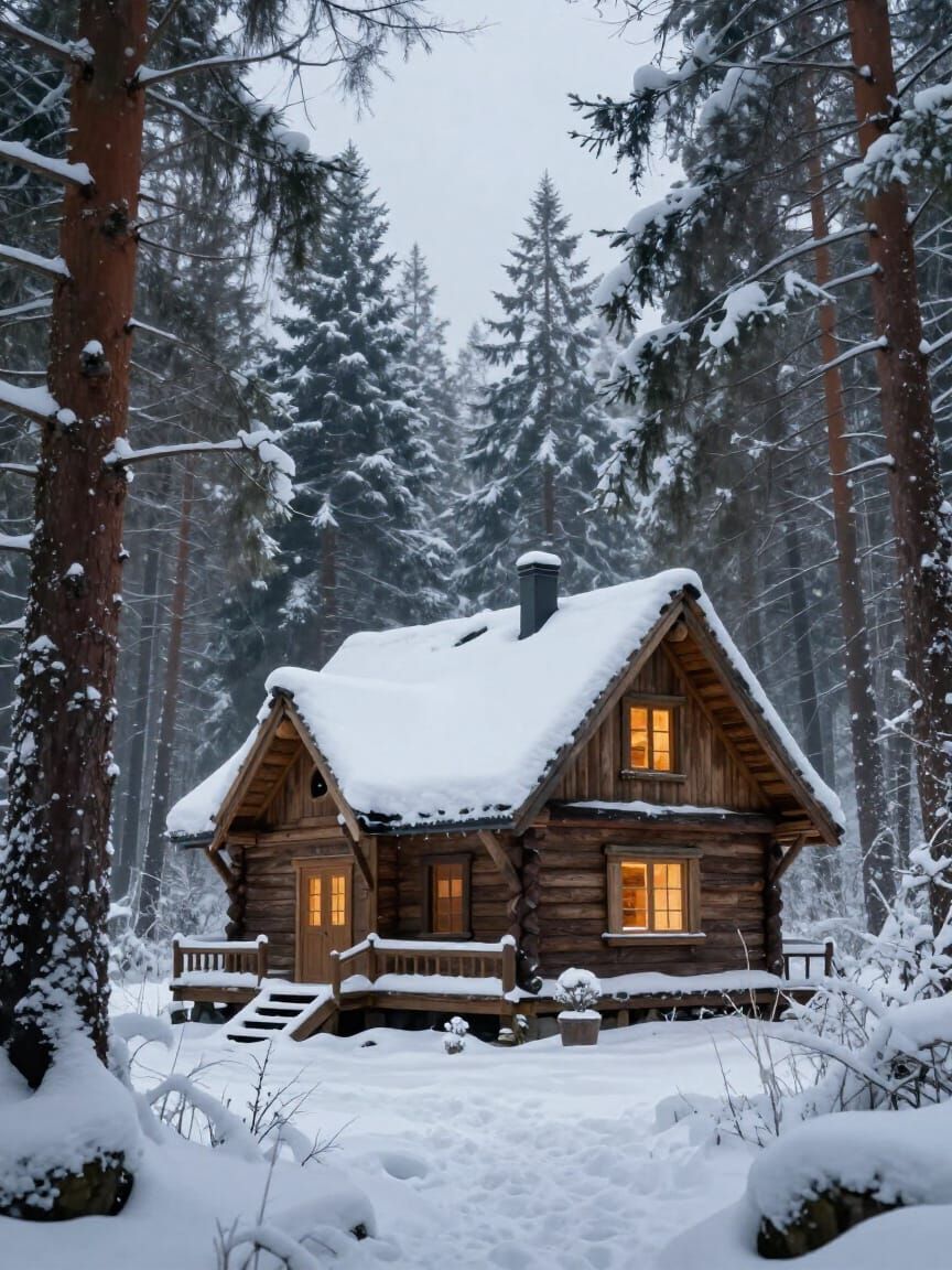 Kincade Style Winter Cabin in Snowy Forest