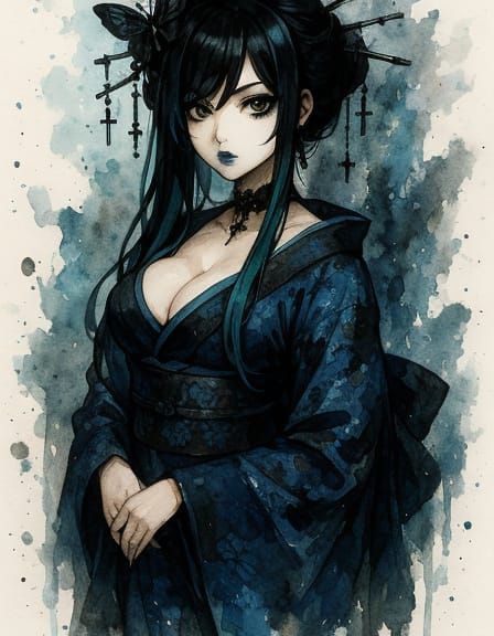 Gothic Geisha with Teal Highlights in Watercolor Style