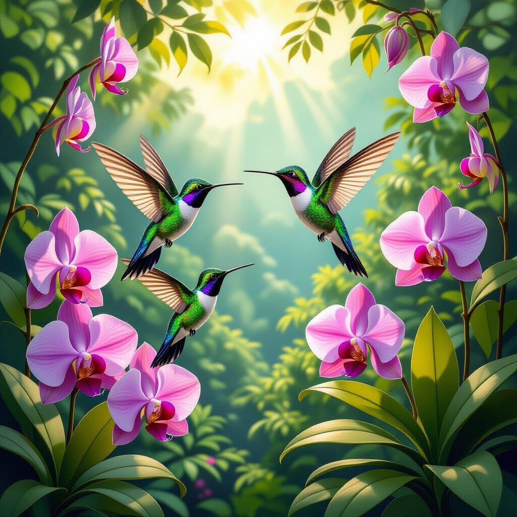 Jewel-Toned Hummingbirds Among Vivid Orchids in Lush Valley