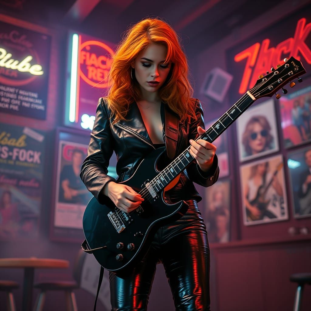full body portrait of a Pretty woman,ginger hair, black shiny leather clothing, , playing guitar