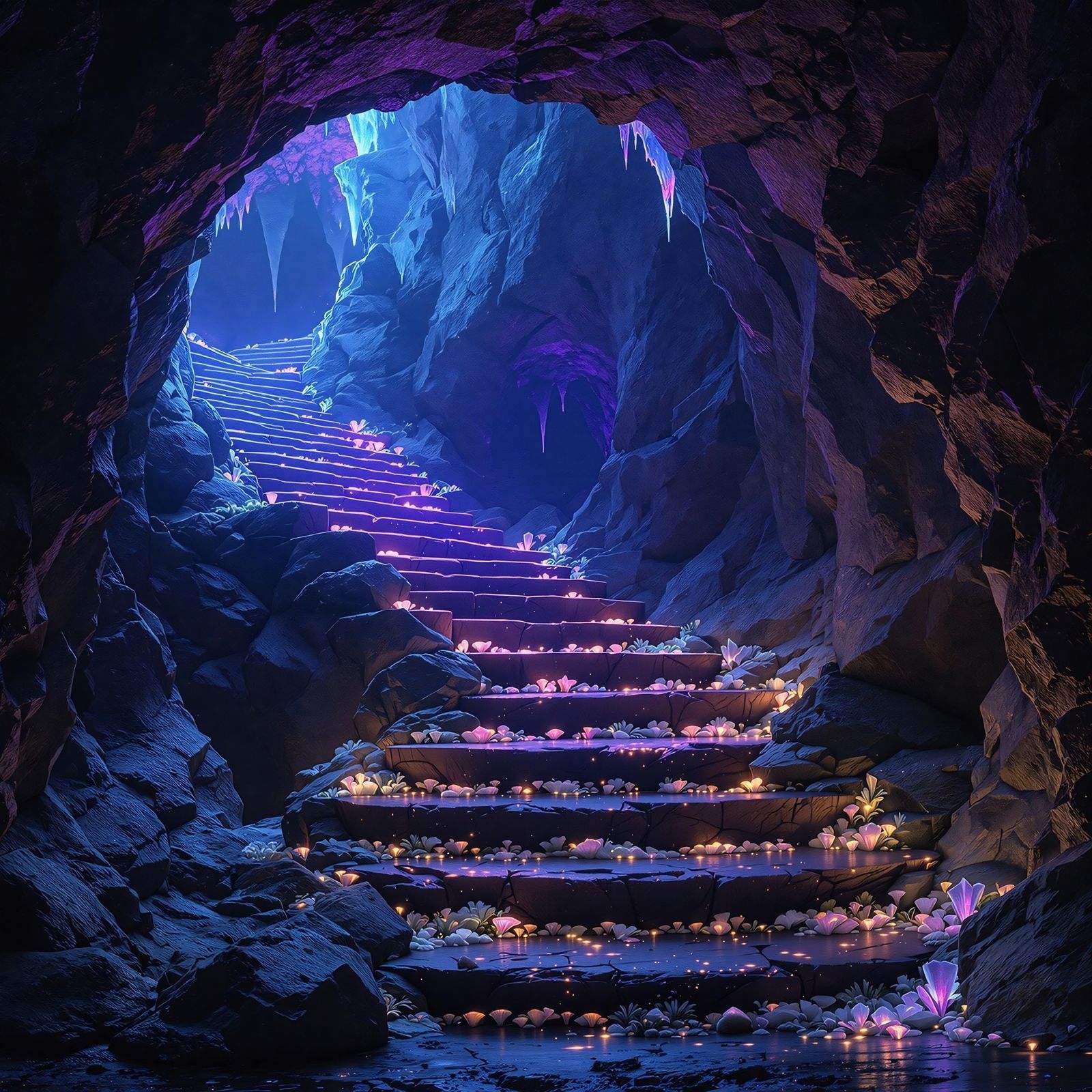 A rough-hewn stone staircase, slick with dampness, descends ...