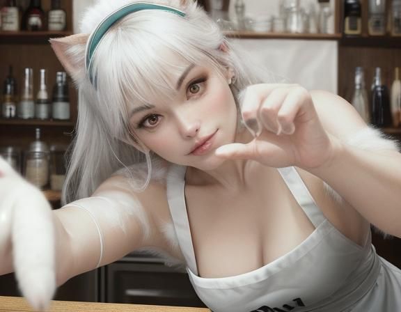 White Cat Barmaid Serves Shot, Extreme Close-Up