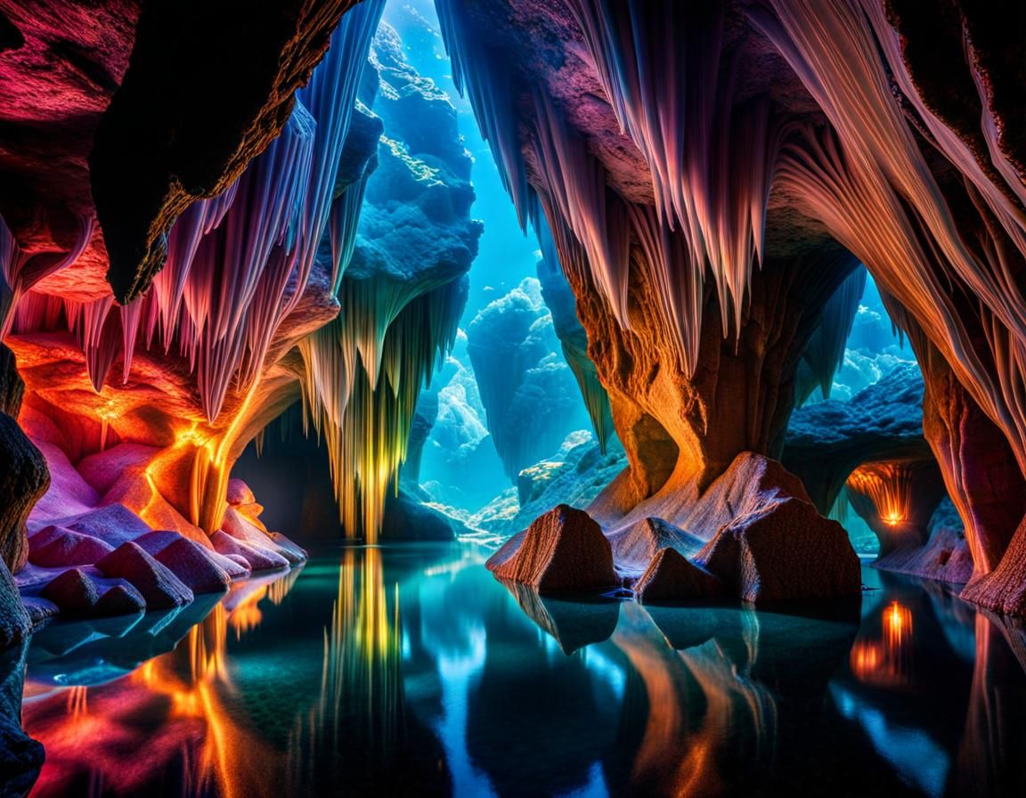 a crystal cave submerged in water, (Swimmers explore the env...