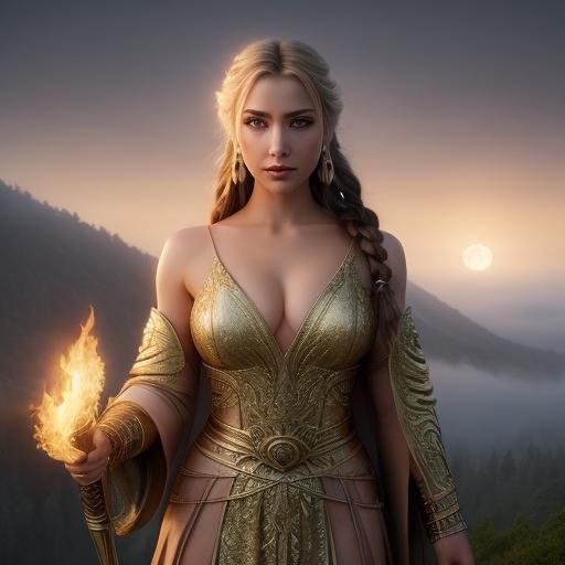 Winged Warrior with Flaming Sword in Fantasy Landscape