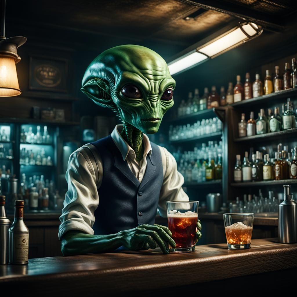 Alien Bartender Portrait in Anime Key Visual Style