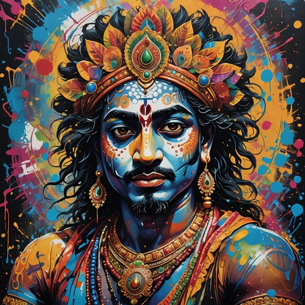Krishna's Biswarup Revelation: Vibrant Graffiti Art