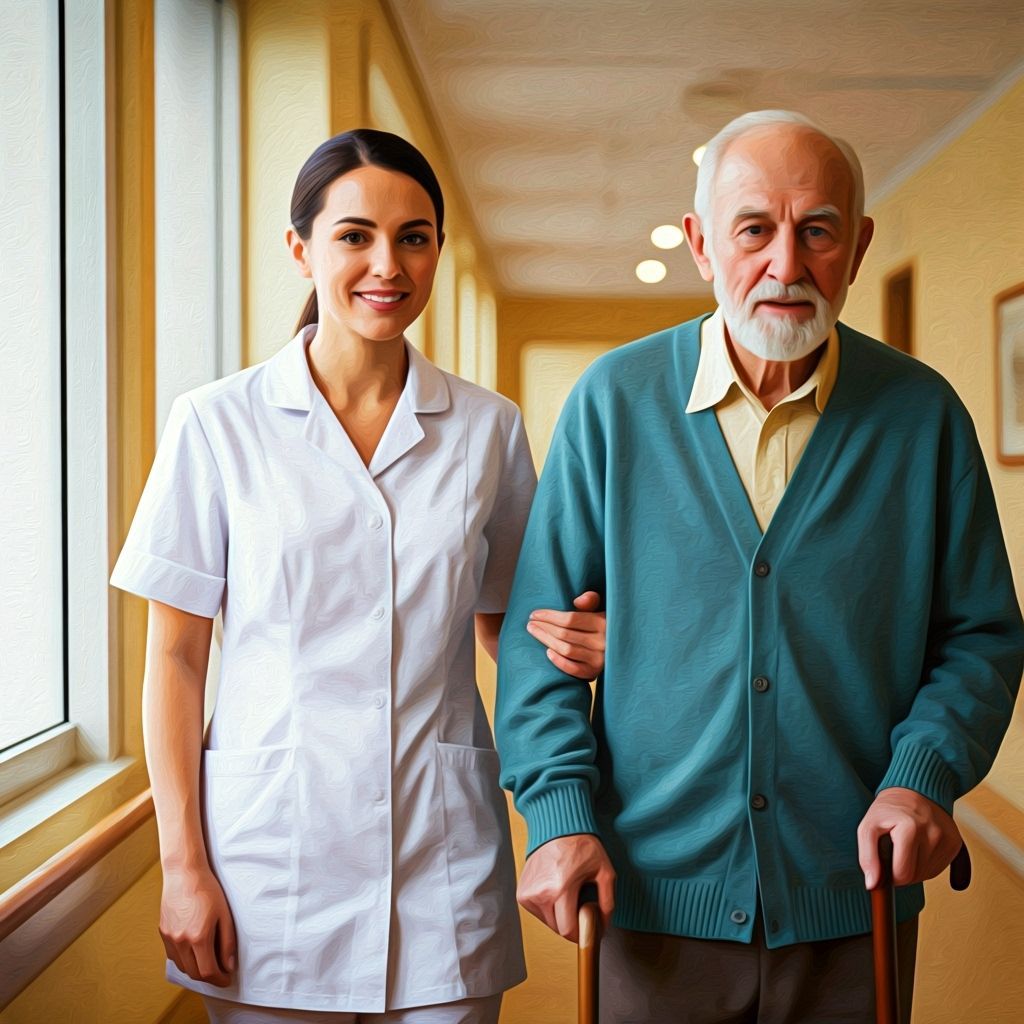 Nurse Gently Escorts Elderly Patient Down Sunlit Corridor