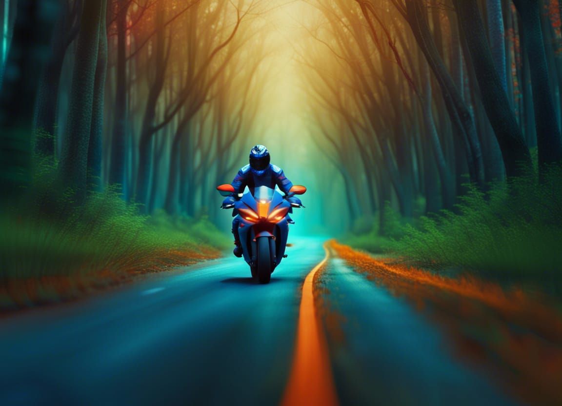 Blue and Orange Motorcycle Through Green Forest