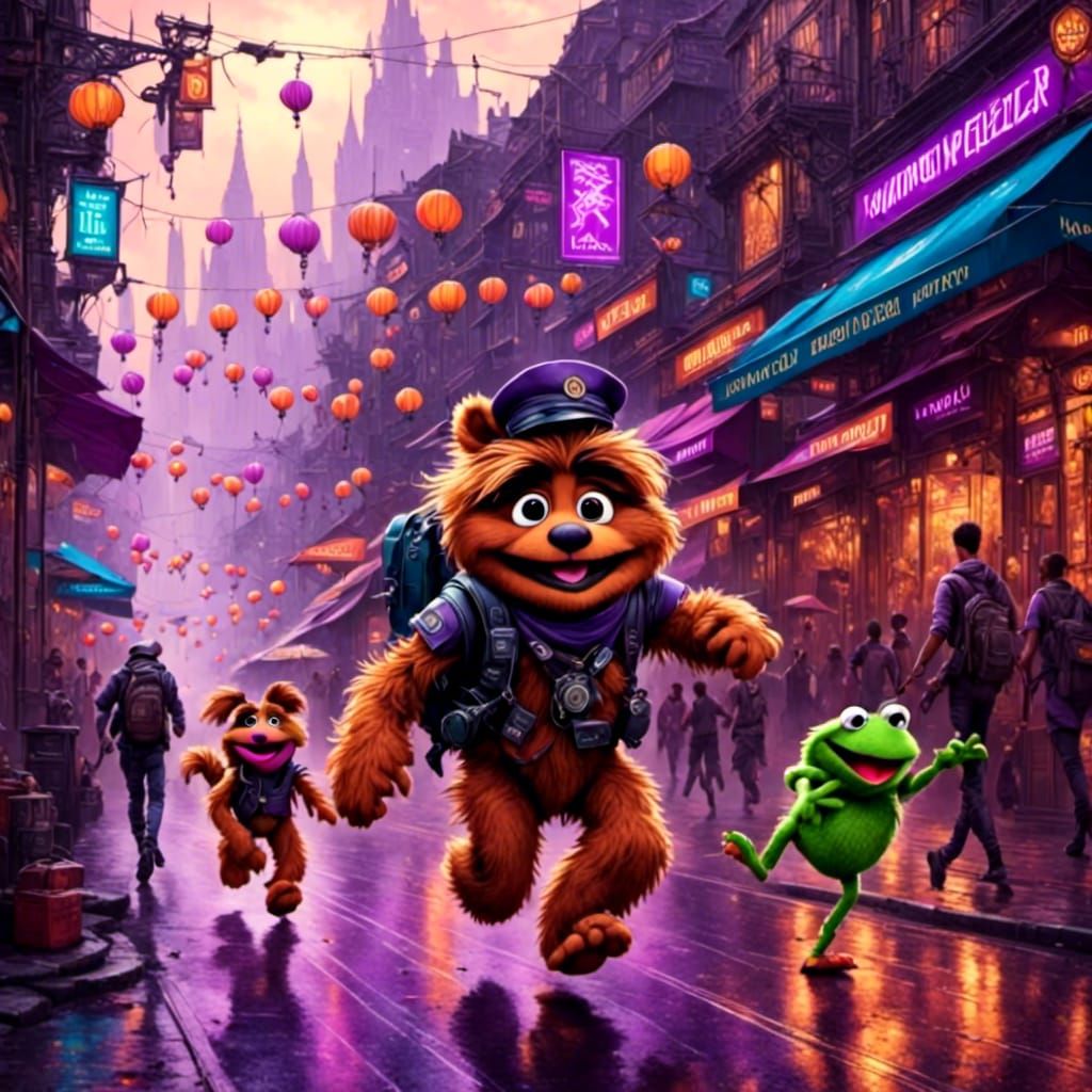 Fuzzy Muppet Runs Through Future City