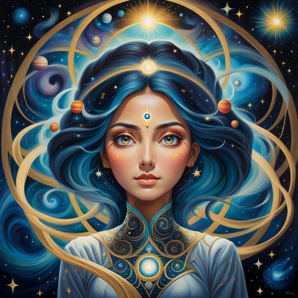 Woman Embodies Universe in Vibrant Conceptual Art