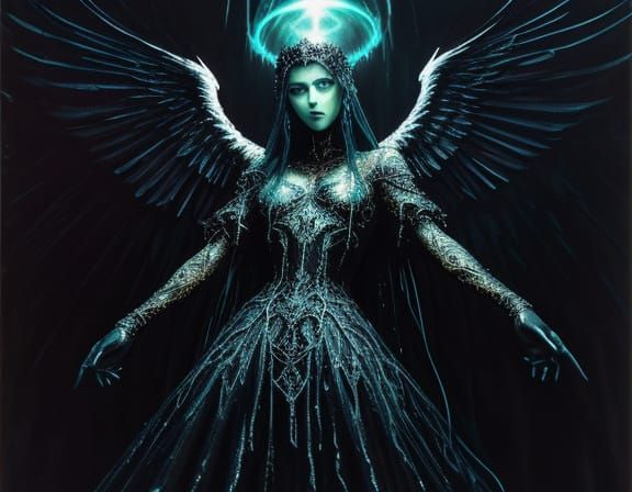 Gaudy Angel Trapped in Sinful Webs as Grunge Oil Painting