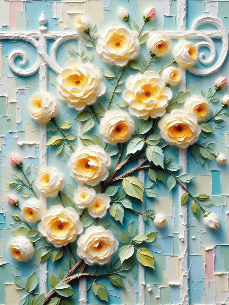Impasto Oil Painting of Yellow and White Roses on Trellis