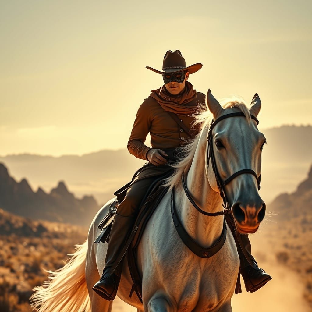 Western Hero Rides Majestic White Horse Through Rocky Terrai...