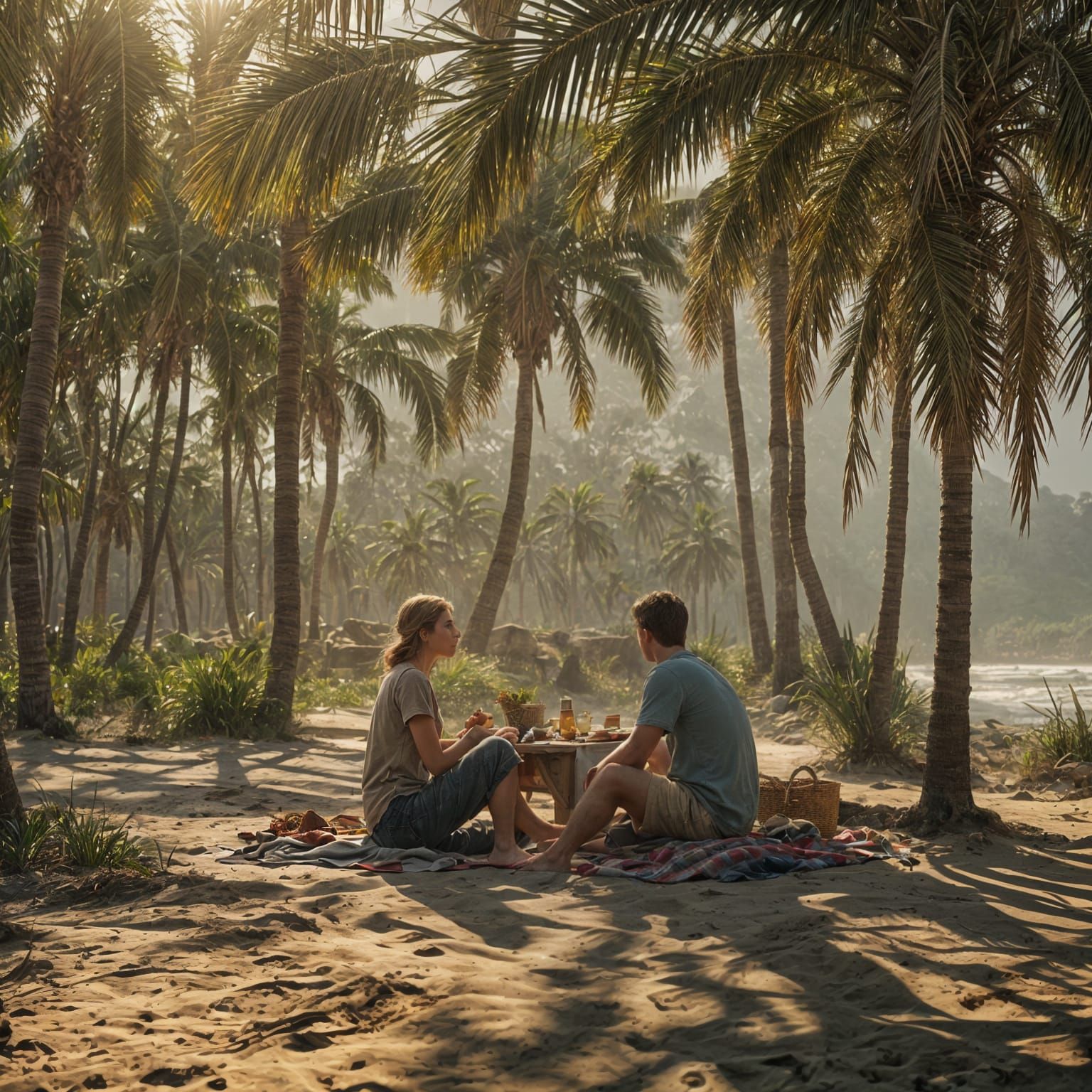 Romantic Beach Picnic Under Swaying Palm Trees