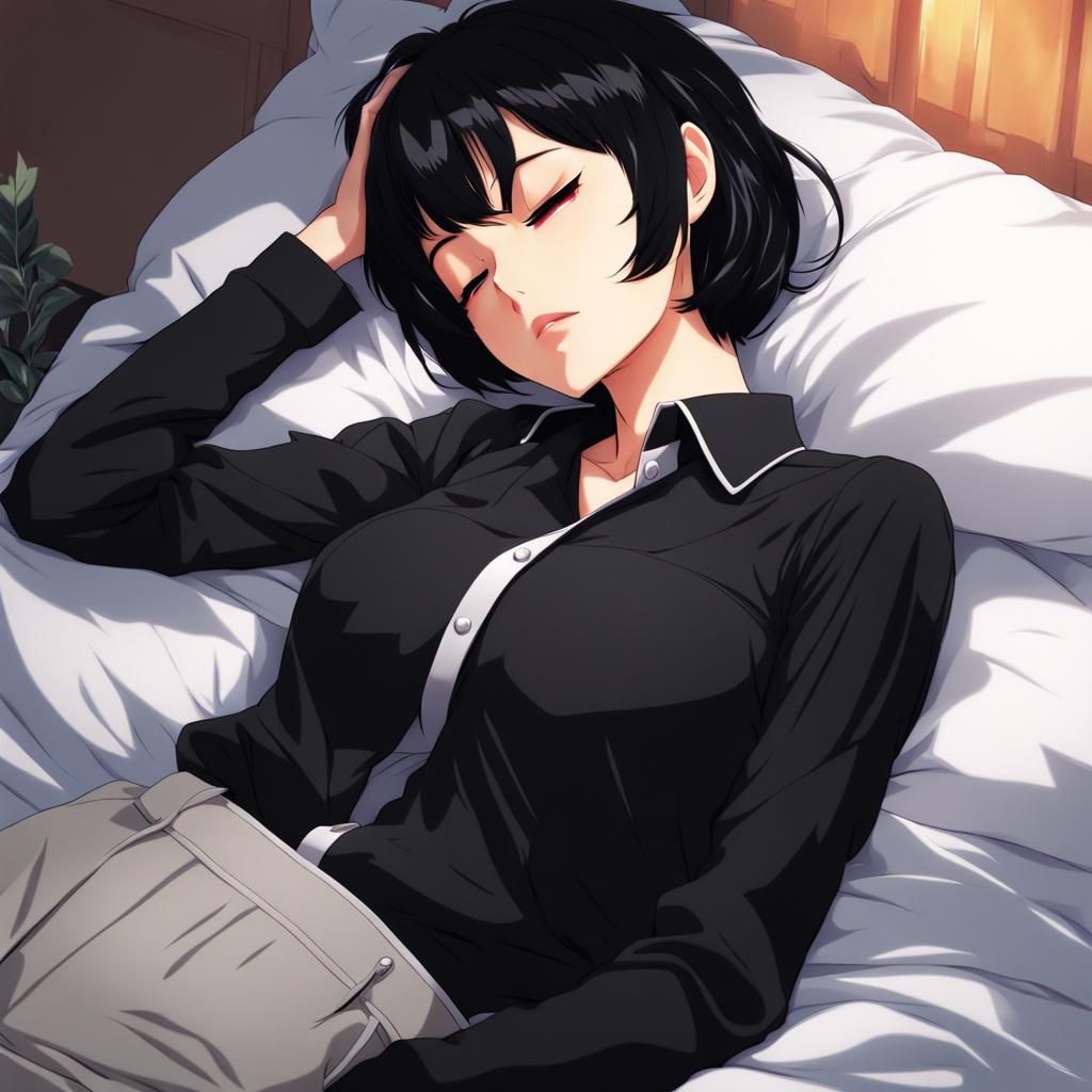 Anime Style: Black-Haired Woman Taking a Nap