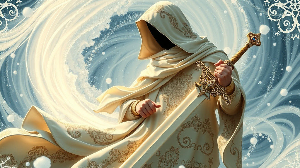 Regal Figure in Snow Vortex with Sword