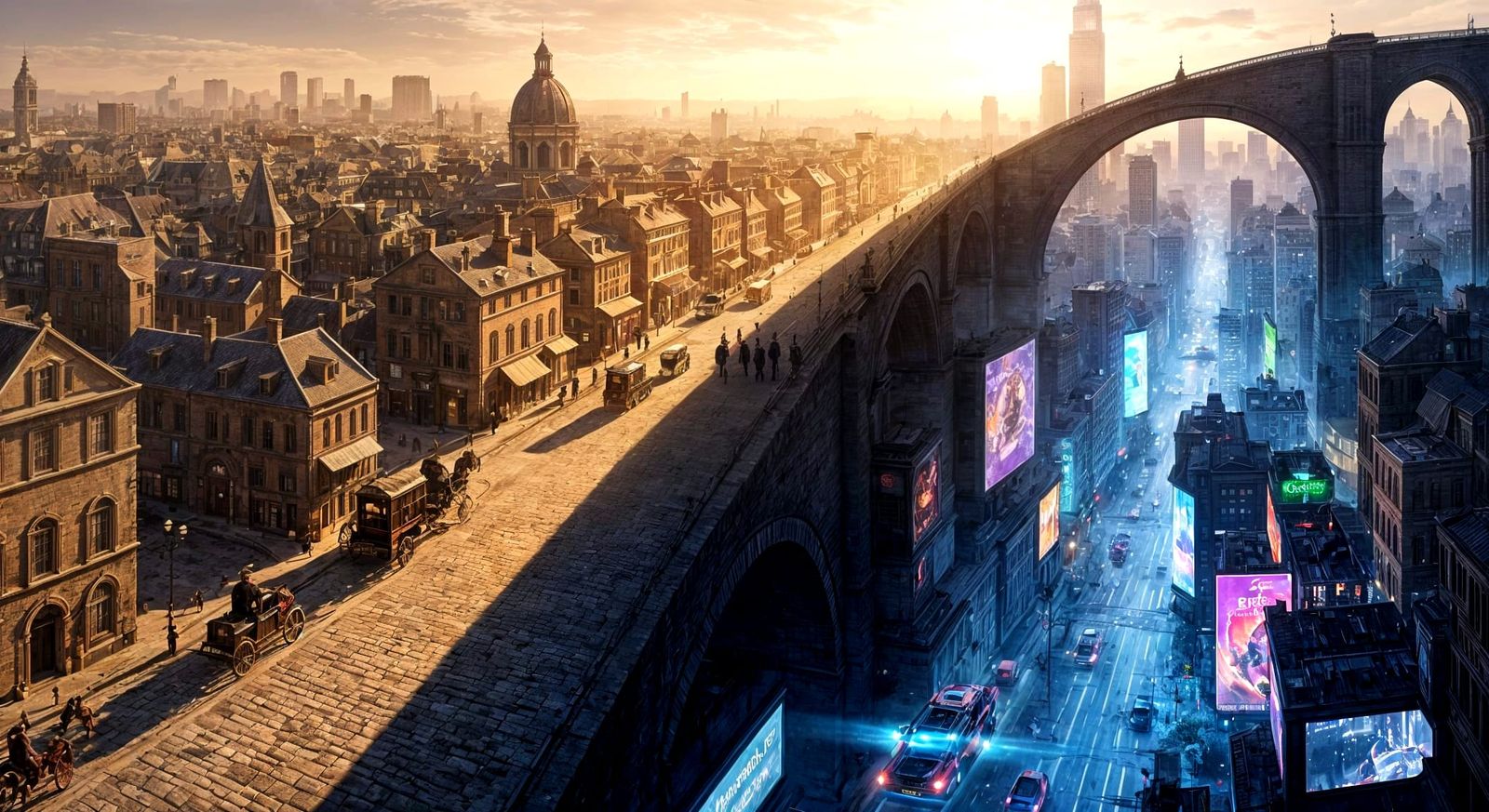 Cityscape Divided: Historical Charm Meets Futuristic Glow