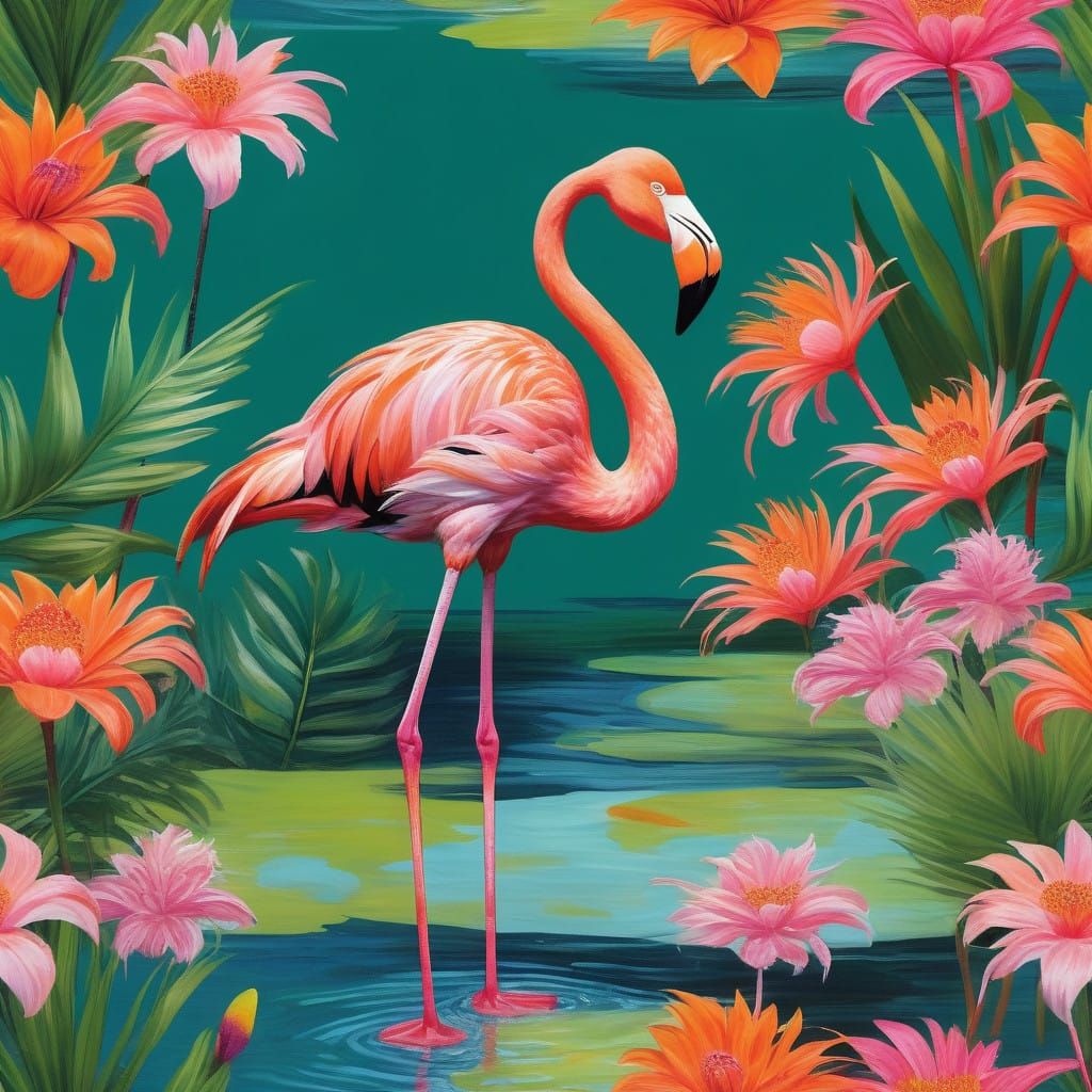 Vibrant Flamingo in David Hockney-Inspired Tropical Paradise