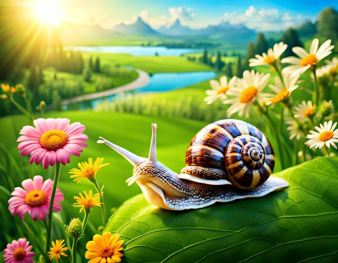 Cute Snail in a Sunny Flower Landscape