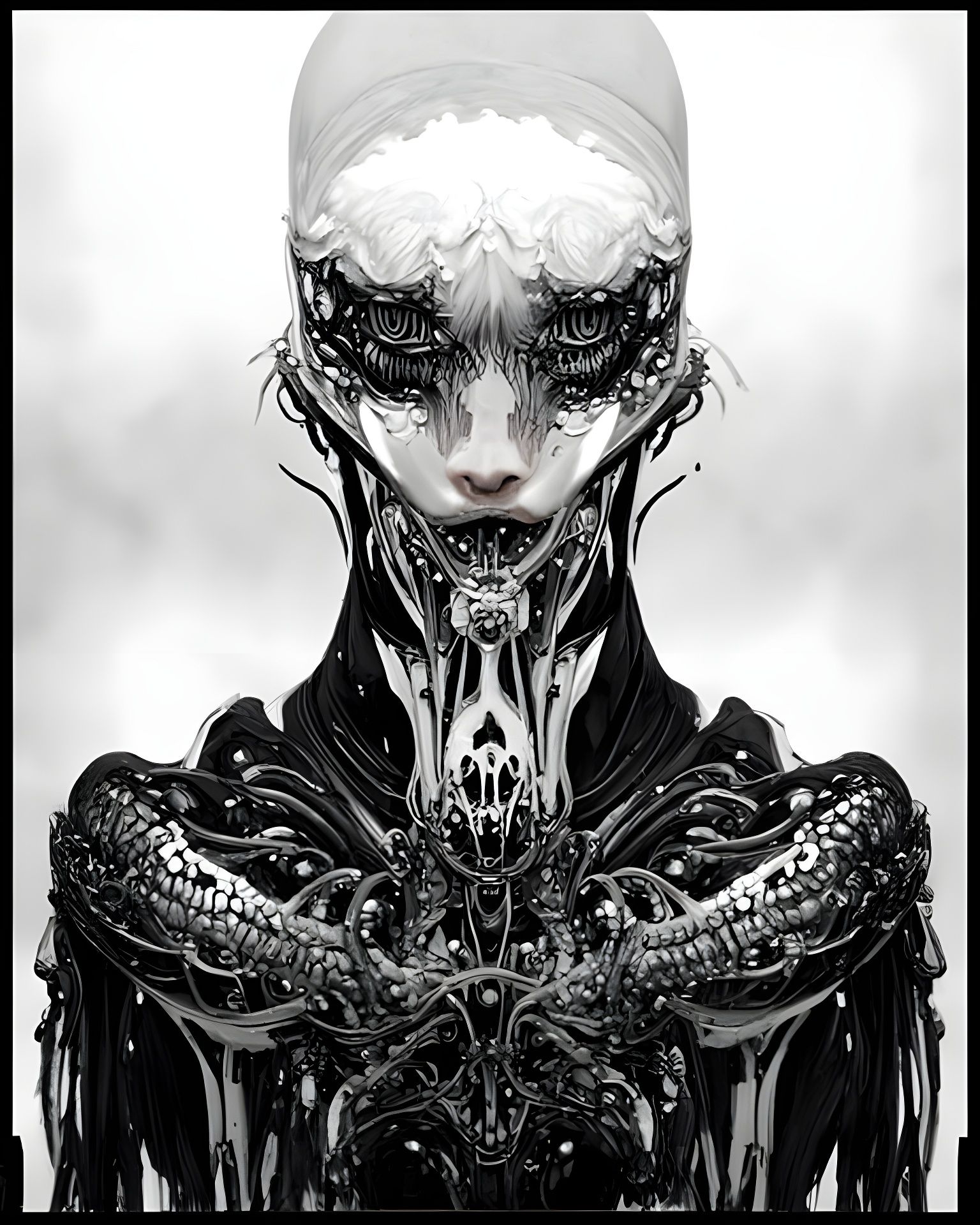 Biomechanical Eldritch Creature Portrait in Black and White