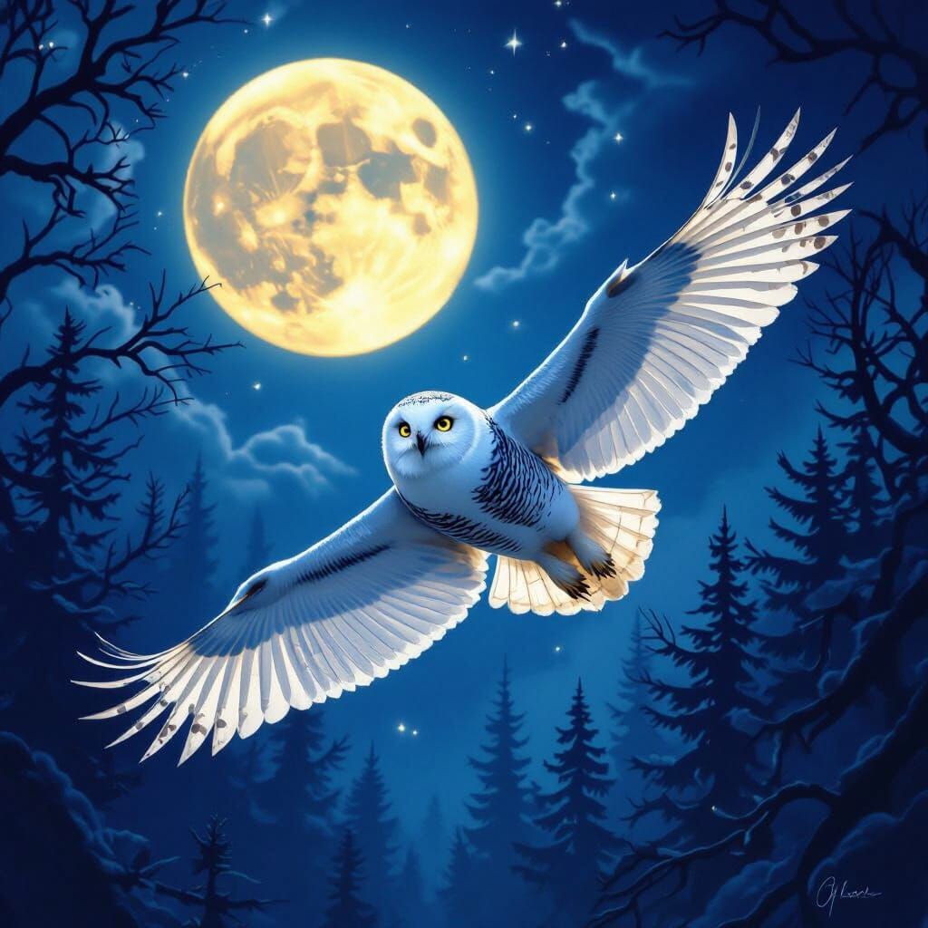 Snowy Owl Soaring Under Full Moon