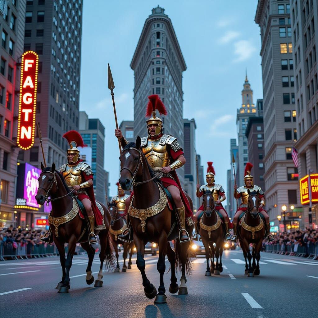 Roman Legionaries Ride Through a Neon Lit City
