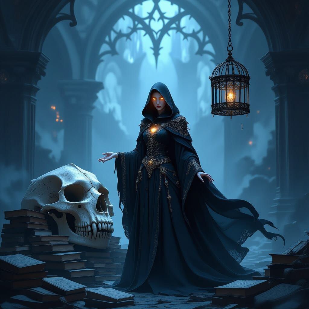 Gothic Sorceress Amidst Shadows and Dragon Skull Art