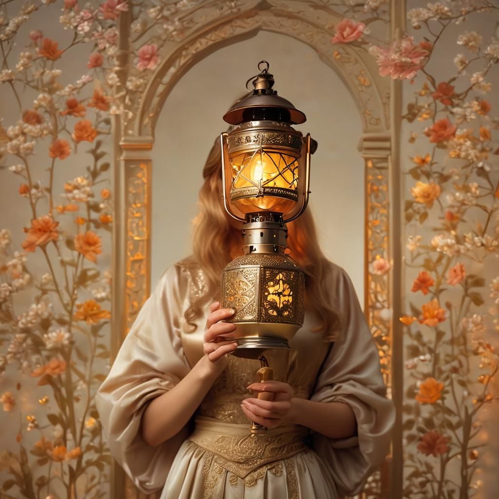Luminous Hand Holding Lantern in Oleograph Style