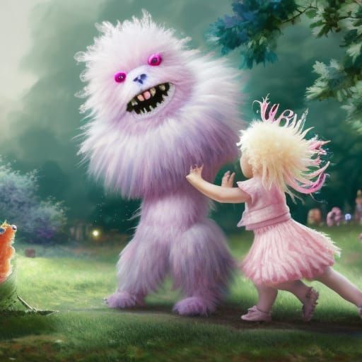 Cute Trash Monster and Girl in Park: Digital Art