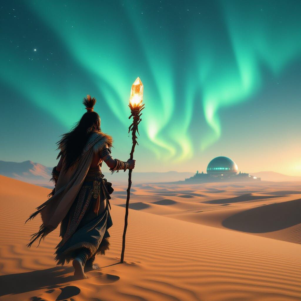 Nomadic Shaman Journeys Desert Under Aurora Sky