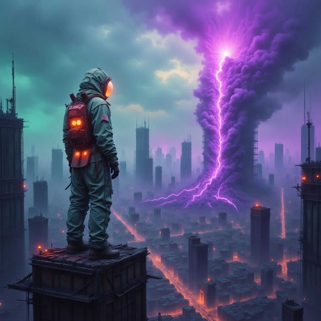 Neon Hazmat Wanderer in Dystopian Metropolis