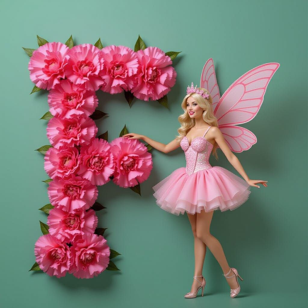 Pink Fairy Beside Carnation Letter F