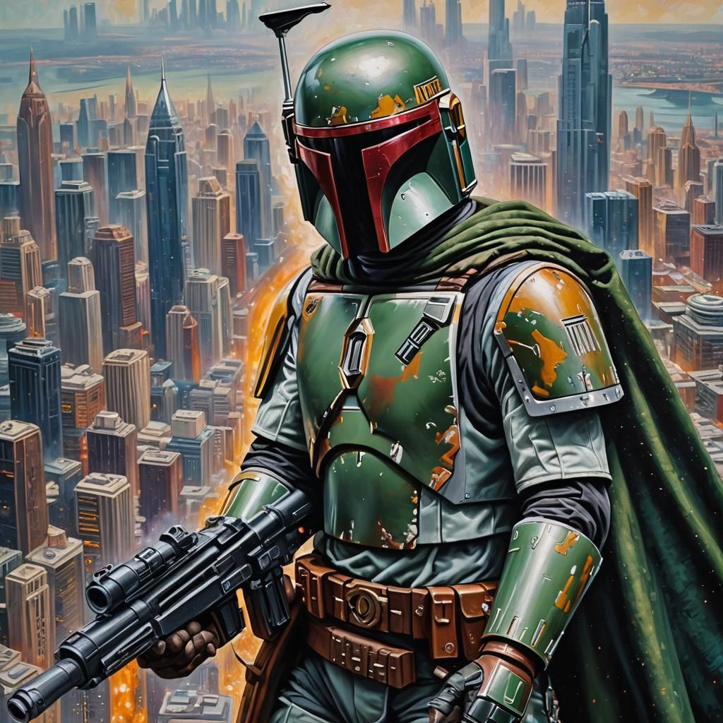 Awesome Iconic closeup portrait of boba fett from Star Wars, posing with blaster. Intricate hyper detailed star wars cor...