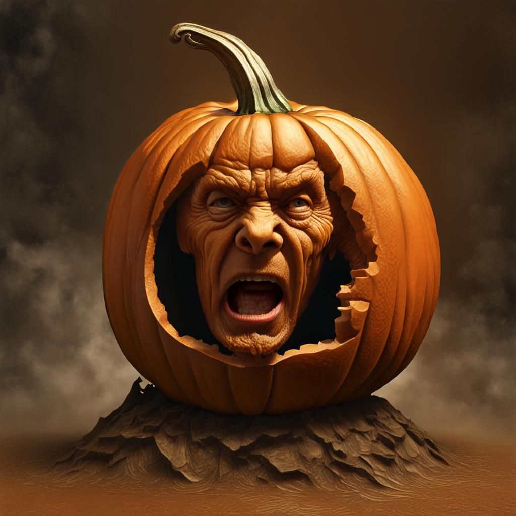 Pumpkin Carved as Crying Man in Beksinski Style