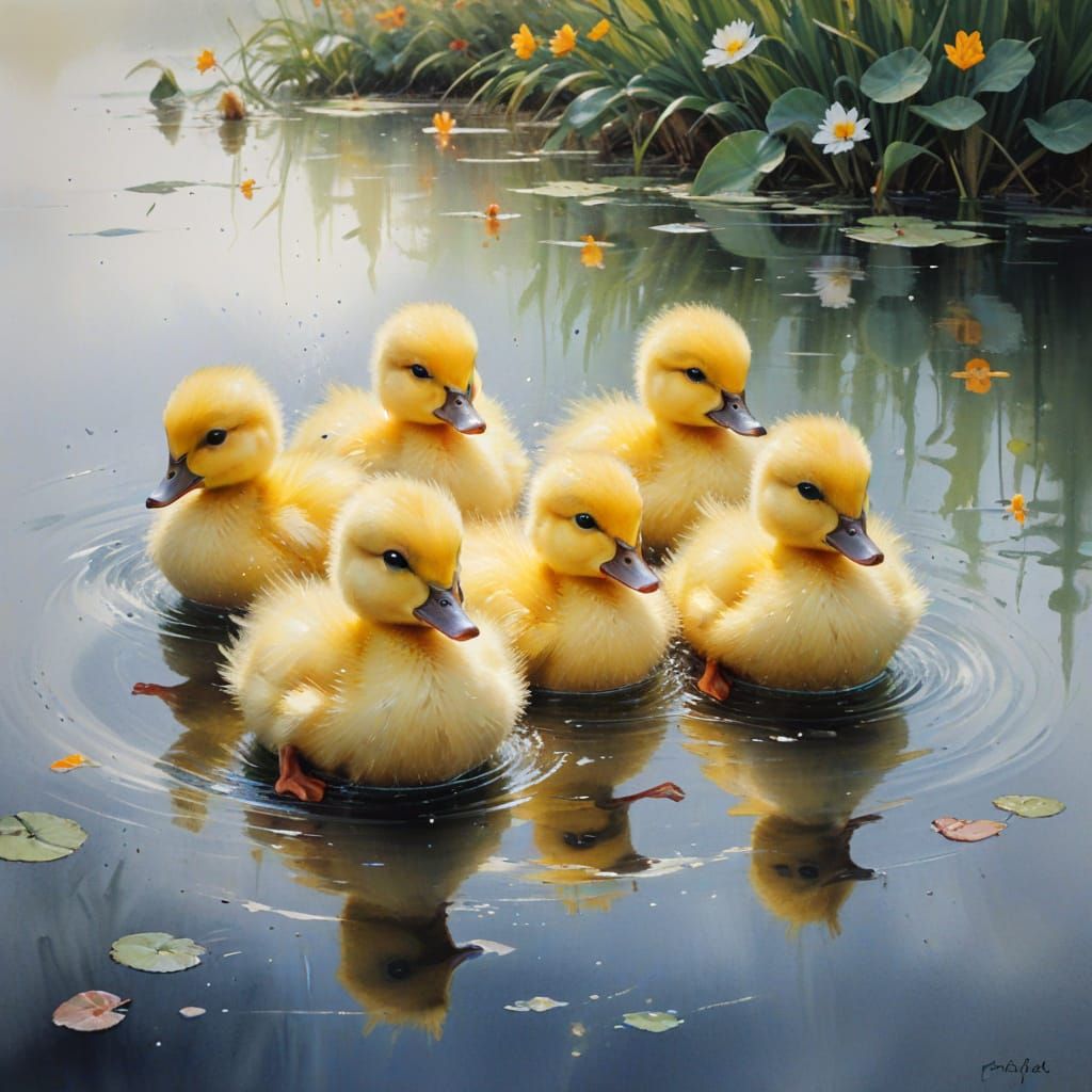 Ducklings in Watercolor Style Painting